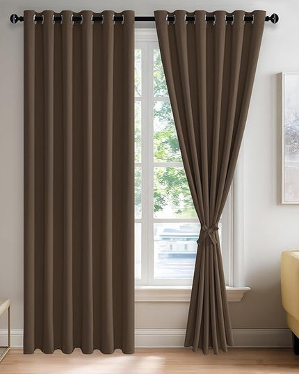 JIUZHEN Brown Blackout Curtains with Tiebacks - Thermal Insulated, Light Blocking and Noise Reducing Grommet Curtains for Bedroom and Living Room, Set of 2 Window Curtain Panels, 70 x 84 Inch Length