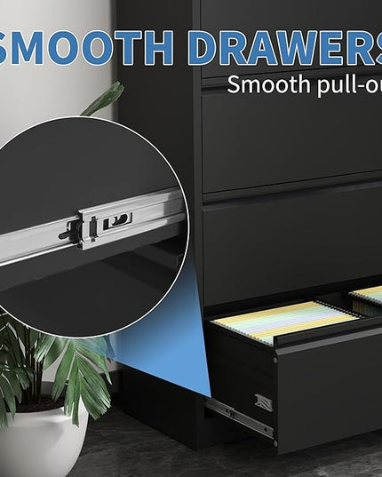 File Cabinets 5 Drawer,Metal Office Storage Filing Cabinet with Lock,Black Lateral Filing Cabinet for Home Office,Horizontal Locking File Cabinet for Legal/Letter/A4,Assembly Require,Black