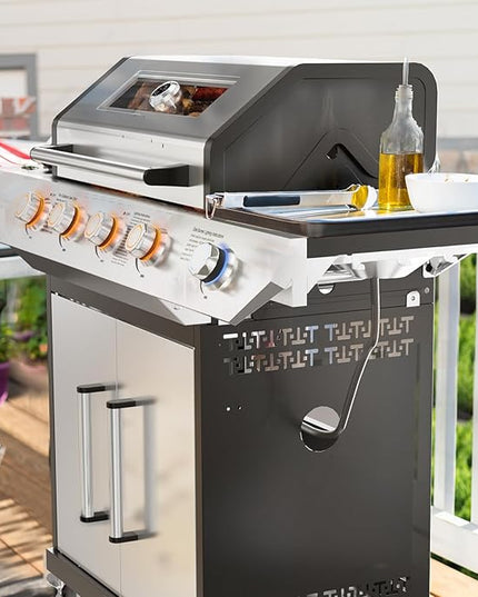 4 Led Burner Propane Gas Grill with Side Burner & & Visual Glass, Stainless Steel Gas Grill with Enameled Cast Iron Grates, 60,000 BTUs Output for Outdoor Cooking and Patio Backyard Barbecue