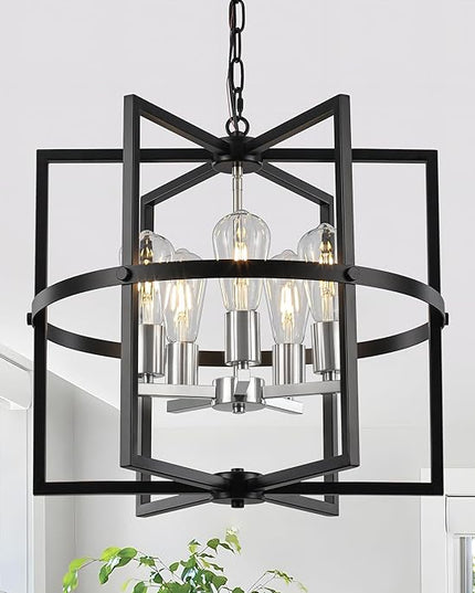 19'' Modern Farmhouse Chandelier 5-Light Black Brushed Nickel Chandelier with Industrical Metal Cage, Adjustable Geometric Pendant Light Fixture for Dining Room Kitchen Living Room Entryway
