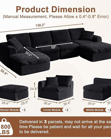 138” Modular Sectional Sofa Couches U Shaped Couch 4 Seater Cloud Sofa Memory Foam Sectional Couches for Living Room, Boneless Couch with Ottoman, Corduroy, Black