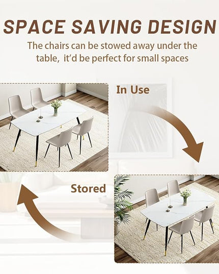 White Modern Dining Table Set for 4, 62'' Rectangular Sintered Stone Table with 4 Chairs