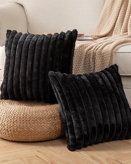 DEELAND Pack of 2,Double-Sided Faux Fur Plush Decorative Throw Pillow Covers Fuzzy Striped Soft Pillowcase Cushion Covers for Sofa Couch Bedroom Black 16x16 inch