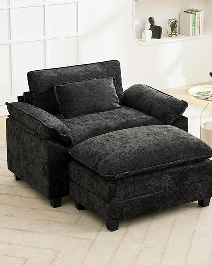 53" Modular Sectional Sofa, Comfy Cloud Couch Sectional Sofa with Ottoman, Chenille Sofa Sleeper Deep Seat Sofa with Throw Pillows for Living Room (Black)