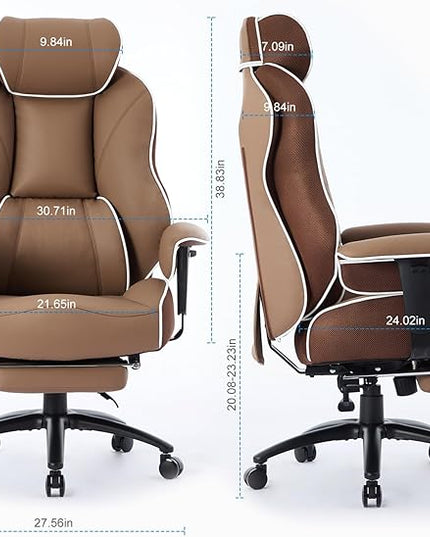 DJ·Wang Big and Tall Office Chair with Foot Rest, High Back Executive Office Chair PU Leather, Ergonomic Chairs with Lumbar Support, 135° Reclining Chairs with Thickened Spring Cushion Brown