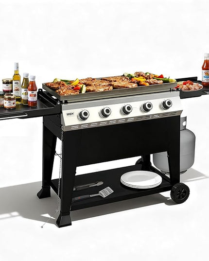 36 Inch 50,000BTU,Outdoor Flat Top Gas Propane Grills with 5 Burners,Stainless Steel & Powder Coated Steel Portable Gas Griddle with Side Shelves for BBQ,Camping,Backyard