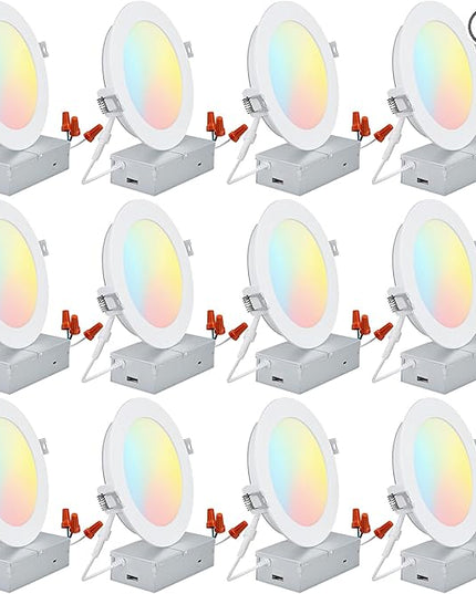 TORCHSTAR 12-Pack 6 Inch 5CCT LED Recessed Lighting, CRI 90, 2700K3000K3500K4000K5000K Selectable, Dimmable 1000lm Brightness Slim LED Downlight, ETL Listed