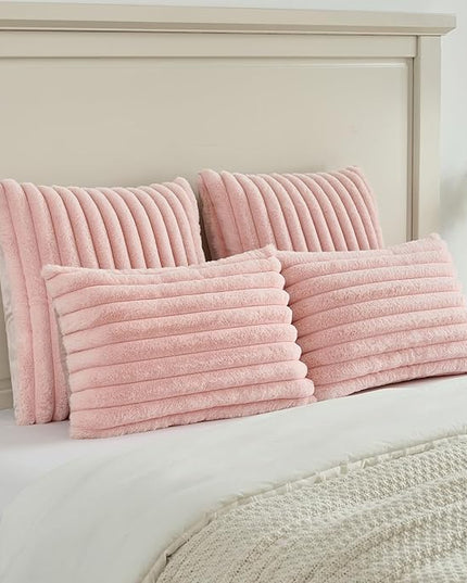 FUTEI Pink Throw Pillow Covers Set of 2, 26x26 Inch Striped Texture Euro Pillow Shams with Soft Faux Rabbit Fur Front & Velvet Back, Modern Decorative Couch Pillows for Living Room