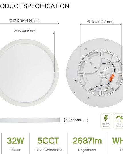 ASD LED 18" Round Flush Mount Ceiling Light Fixture, Low Profile Surface Lighting | 5CCT, Dimmable, Ultra-Thin, ETL Listed | 32W 2600LM 2700-6000K 100-277V | Kitchen, Hallway Lamp | White, 4 Pack