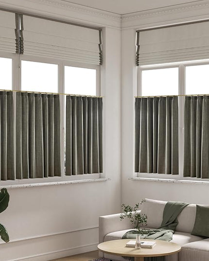 63 Inch Short Olive Green Linen Curtains 2 Panel Set for Small Windows,Pinch Pleated Ktichen Rustic Country Linen Light Filtering Drapes Privacy Back Tab Semi Sheer Curtains 63 Inches Length
