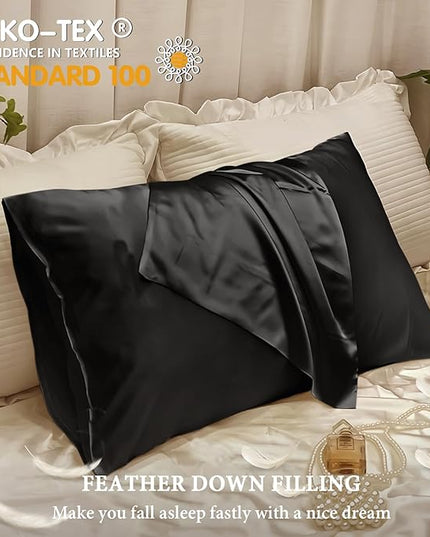 BHZ Black Satin Goose Down Feather Pillows Queen Size with Black Satin Pillowcase for Hair and Skin, Cooling Pillow Cases Similar to Silk Pillow Cases, Decorative for Women, Mom Men