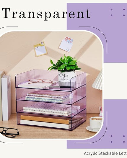 Harloon 4 Tier Acrylic Paper Tray 12.4 x 8.7 x 2.7 Inches Stackable Letter Clear Organizer No Need to Assemble Acrylic Paper File Organizer for Office Workspace Desktop Storage (Transparent Purple)