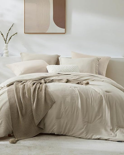 WRENSONGE Light Oatmeal Queen Comforter Set, 7 Pieces Soft Microfiber Comforters Queen Size with Fitted Sheet, Flat Sheet, 2 Pillow Shams, and 2 Pillowcases- Warm Bedding Sets Queen for All Season