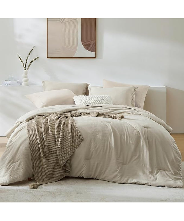 WRENSONGE Light Oatmeal Queen Comforter Set, 7 Pieces Soft Microfiber Comforters Queen Size with Fitted Sheet, Flat Sheet, 2 Pillow Shams, and 2 Pillowcases- Warm Bedding Sets Queen for All Season
