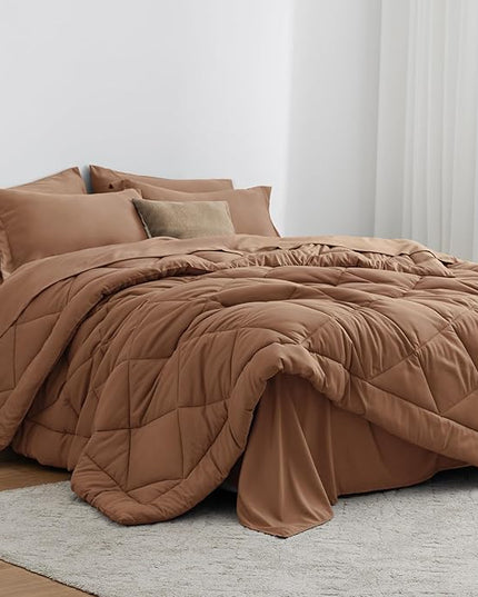 Love's cabin Full Comforter Set Mocha Mousse, 7 Pieces Full Bed in a Bag, All Season Bedding Sets with 1 Comforter, 1 Flat Sheet, 1 Fitted Sheet, 2 Pillowcase and 2 Pillow Sham