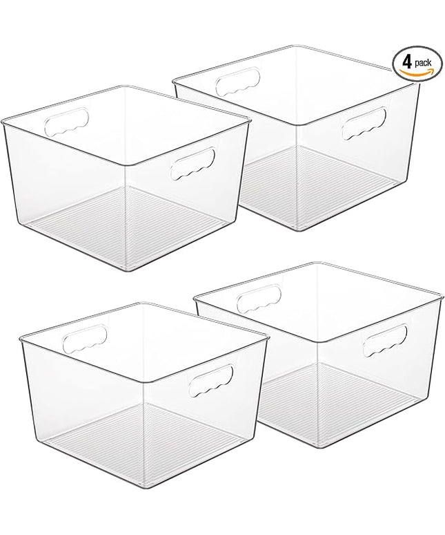 Vtopmart 4 Pack Extra Large Clear Plastic Storage Bins,11x11 Cube Acrylic Organizer Square Containers with Handle for Pantry,Closet,LaundryRoom,Kitchen,Bathroom,UnderSink Organization