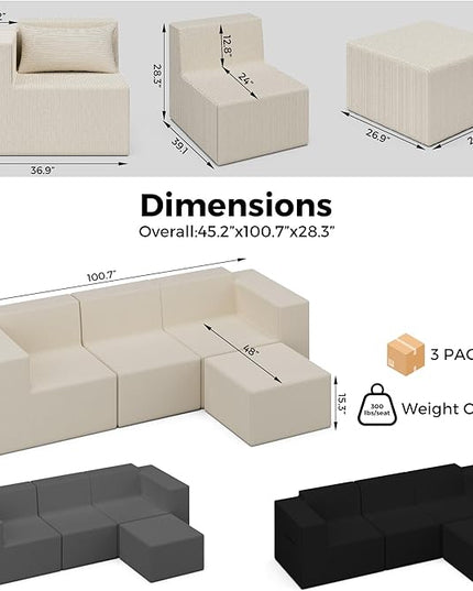 Minimalist Modular Corduroy Cloud Couch Sectional – Oversized Boneless Memory Foam Sofa for Living Room, Modern Comfy Couch, No Assembly Needed（101" L Shaped Sofa,Beige）