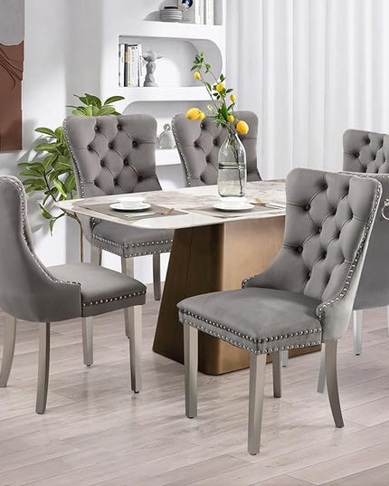 SoarFlash Velvet Dining Chair Set of 8, Upholstered Tufted Dining Room Chair with Nailhead Trim and Solid Silver Plated Leg for Kitchen (Grey)