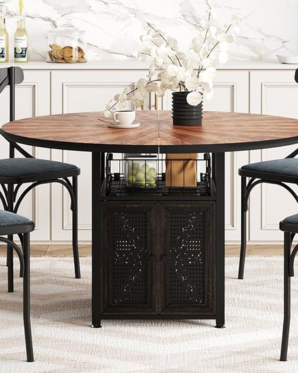 47" Round Dining Table Set for 4-6 People, Large Farmhouse Kitchen Dining Table Set with Chairs and Storage Rack, Metal Base Round Table for Home Dining Room Living Room (Cat table and 2 black chairs)