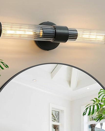 Bathroom Vanity Light Fixtures, Black Wall Sconces in Threaded Glass, Modern Wall Light for Bathroom Living Room Bedroom, Hallway - Bulb Not Included