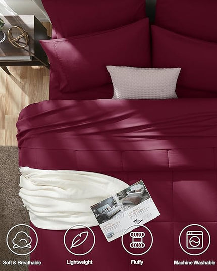 CozyLux King Size Comforter Set Burgundy, 7 Pieces Bed in a Bag, Red Comforter King Size, All Season Bedding Sets with Stitch Quilted Comforter, Flat Sheet, Fitted Sheet, Pillowcases