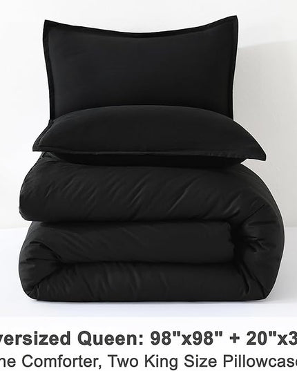 Litanika Comforters Black Oversized Queen Size, 3 Pieces Lightweight Solid Bedding Comforter Set, All Season Fluffy Bed Set (98x98In Comforter & 2 Pillowcases)