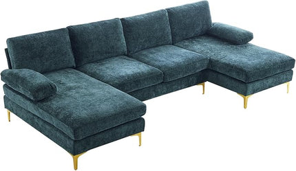 VINGLI 110" Large U-shape Sectional Sofa Couch with 51"D Double Chaise for Living Room, Modern Sectional Couch Set with Soft 5.9" Thickness Seating Padding, Chenille Fabric ,Metal Gold Legs(Rich Cyan)