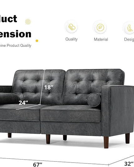 67" Suede Leather 2 Seater Sofa with Two Bolster Pillows, Tufted Sofa with Wooden Legs, Mordern Couch for Living Room, Office, Apartment, Grey