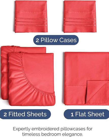 Split King Size 5 Piece Sheet Set - Comfy Breathable & Cooling Bed Sheets Set - Hotel Luxury Bedding for Women, Men, Kids, Teens, Boys & Girls - Deep Pockets, Ultra-Soft, Wrinkle Free - Oeko-Tex - Red