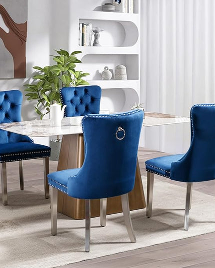 SoarFlash Velvet Dining Chair Set of 2, Upholstered Tufted Dining Room Chair with Nailhead Trim, Solid Silver Plated Leg for Kitchen(Blue)