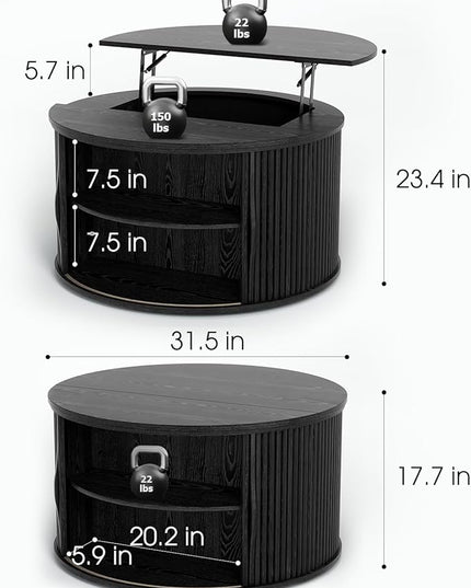 Round Coffee Table with Storage, 31.5" Drum Coffee Table with Lifting Top, Small Fluted Accent Center Table for Living Room, Black