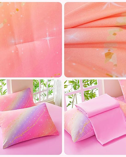 Rainbow Bedding Set Twin Size – 7 Piece Reversible Girls Comforter with Deep-Pocket Sheet, Gradient Galaxy Design, Whole-Piece Filling, Machine Washable Bed-in-a-Bag for Kids Room Makeover & Gifts