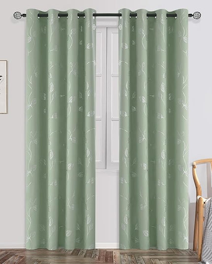 BUHUA Blackout Curtains Pairs 54 Inches Long Room Darkening Curtains with Shinny Silver Leaf Design for Sliding Glass Door 52W×54L Sage Green 1 Pair