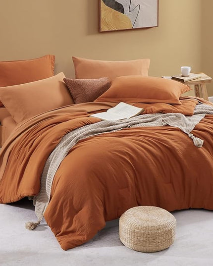 WRENSONGE Oversized Queen Comforter Set - 7 Pieces Burnt Orange Bed in a Bag Queen with Sheets, 2 Pillow Shams, and 2 Pillowcases- Warm Bedding Sets Queen for All Season