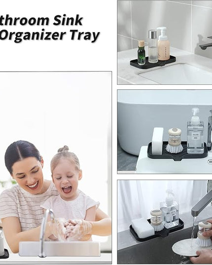 Silicone Bathroom Soap Dishes with Drain Spout-Bathroom and Kitchen Sink Organizer,Sponge Holder,Dish Soap Tray,Perfect for Dispenser,Scrubber,Bottle,Cup on Sink or Counter-Black 9.6"×5.3"
