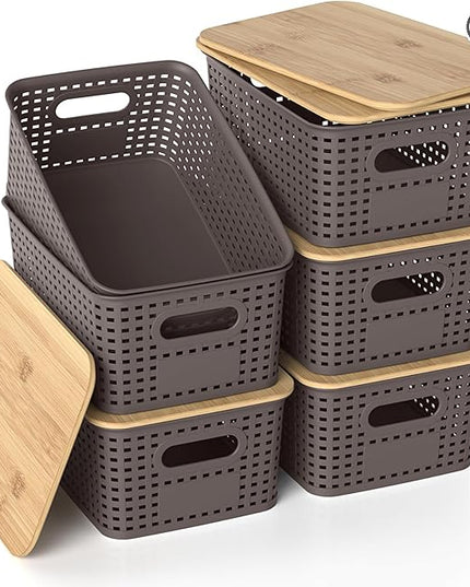 Plastic Storage Baskets with Bamboo Lids, Stackable Small Box Bins for Organizing and Containers for Shelves Drawers Desktop Closet Pantry Classroom Office Home, 6 Pack 10.2x7.2x4.1 Inch, Brown