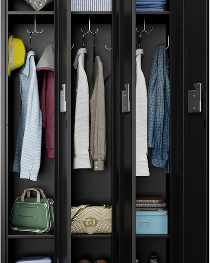 Aobabo Metal Lockers for Employees, 3 Doors Storage Locker with 9 Hooks for Office Home, Black, Assembly Required