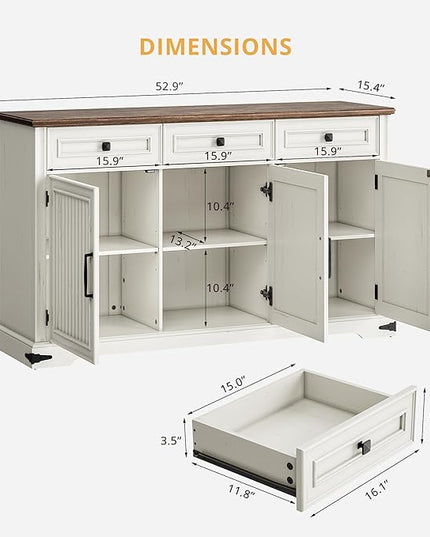 IRONCK Fluted Buffet Sideboard Cabinet with 3 Drawers, 52.9" Farmhouse Large Buffet Table with 3 Doors, Coffee Bar with Adjustable Shelf, Modern Storage Cabinet for Kitchen, Living, Dining Room, White