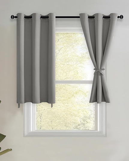 JIUZHEN Short Curtains Kitchen Half Window Blackout Curtains with Tiebacks for Baseroom Shadows, Grommet Curtains for Living Room, Set of 2 Window Curtain Panels, 42 x 30 Inch Length，Light Grey