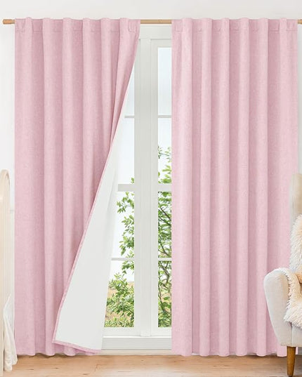 LAMIT Pink 100% Blackout Linen Curtains, 84 Inch Linen Textured Living Room Farmhouse Curtains Room Darkening Back Tab and Rod Pocket Burlap Neutral Panels with White Liner, 2 Panels, 52 x 84 Inch