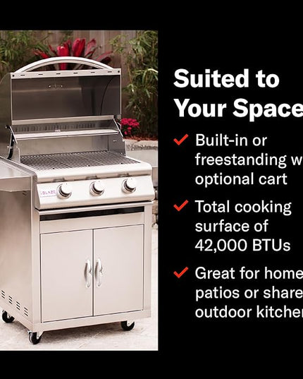 Blaze Prelude LBM Built-in Natural Gas Grill | 25-Inch 3-Burner BBQ with 42,000 BTUs | 304 Stainless Steel Construction | Flame Stabilizing Grids BLZ-3LBM-NG