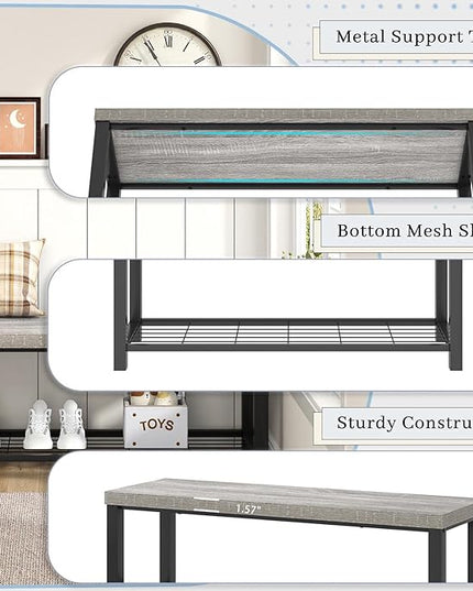 FOLUBAN Entryway Bench, Vintage Wood and Metal Storage Bench with Metal Shelf, Indoor Shoe Rack Bench Seat for Living Room, Bedroom, Hallway, Entrance, Light Grey, 47 Inch