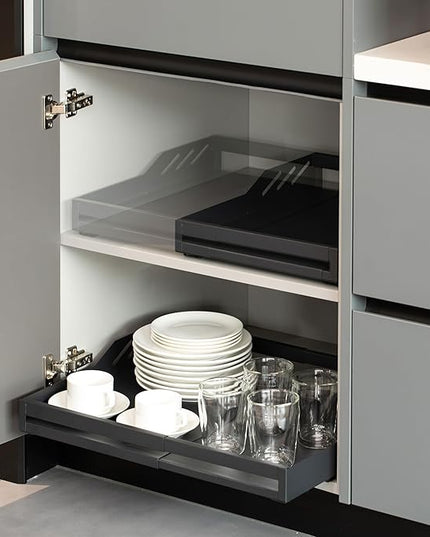 Basicwise Expandable Deep Drawer Organizer Adjustable Pull-Out Cabinet Storage Tray for Kitchen Organization Ideal for Cookware Dinnerware Food Containers Utensils Bakeware & Pantry Essentials, Medium