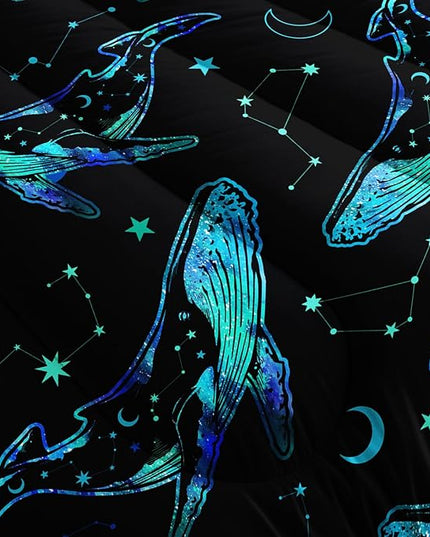 Whale Print Comforter Marine Life Bedding Set,Glowing Stars Moon Constellation Pattern Comforter Sets for Kids Boys Girls Room Decor,Cute Coastal Bedding Set Full Size with 2 Pillowcases.