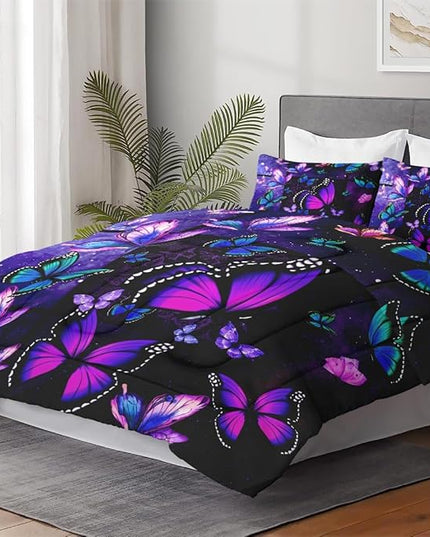 Twin Size Comforter Set with Pillowcase, Summer Tropical Purple Butterfly 2 Pcs Bedding for Kids and Adults, Vintage Spring Galaxy Space Soft Comforter Set for Bedroom Bed Decor