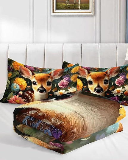 AILONEN Cute Deer Comforter Set Twin Size,Kawaii Fawn Animal Bedding Sets Bedroom Decor,Beautiful Floral Duvet Set,3-Piece, 1 Quilt and 2 Pillowcases,Soft Breathable
