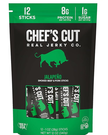 Chef’s Cut Real Snack Sticks | High Protein Meat Snack Sticks with 8g Protein, Gluten Free, Keto-Friendly| Premium Smoked Beef & Pork Blend | Jalapeño Heat | 1 oz Stick (12-Count Bag)