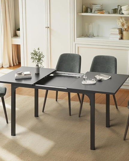 Extendable Dining Table, Modern Wooden Rectangle Kitchen Table for 4-8 People with Strong Metal Legs, Space Saving Expandable Dining Room Tables for Restaurant, Conference, Black