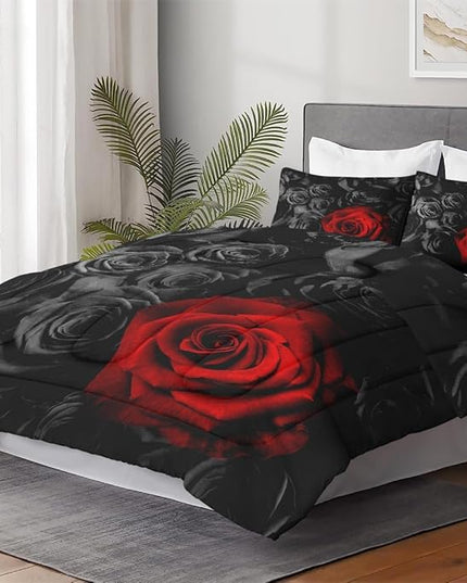 King Size Comforter Set with 2 Pillowcases, Red Rose Flower 3 Pcs Bedding for Kids and Adults, Summer Vintage Floral Soft Comforter Set for Bedroom Bed Decor