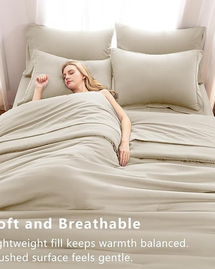 CozyLux Full Comforter Set Oatmeal, 7 Pieces Bed in a Bag Soft Bedding Comforter Set with Sheets, All Season Boho 7PC Bed Sets with Comforter, Fitted Sheets, Flat Sheets, Pillow Shams and Pillowcases